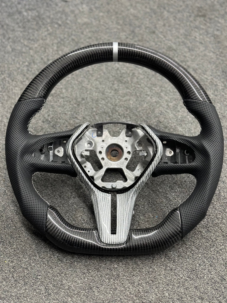 INFINITI Q50 Q60 18 22 REAL CARBON FIBER STEERING WHEEL BLACK LEATHER SILVER TRIM